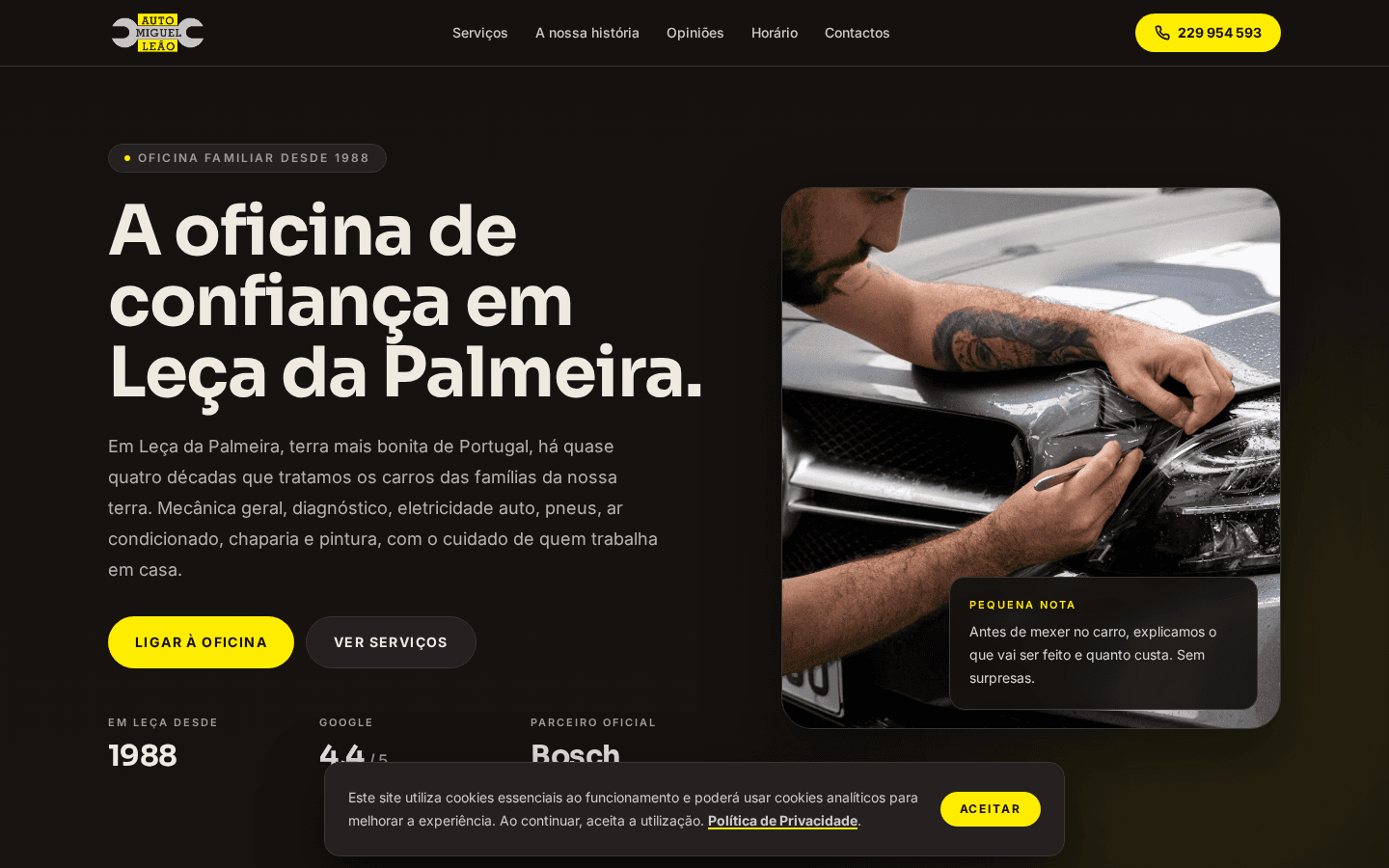 Public homepage for Auto Miguel Leão workshop