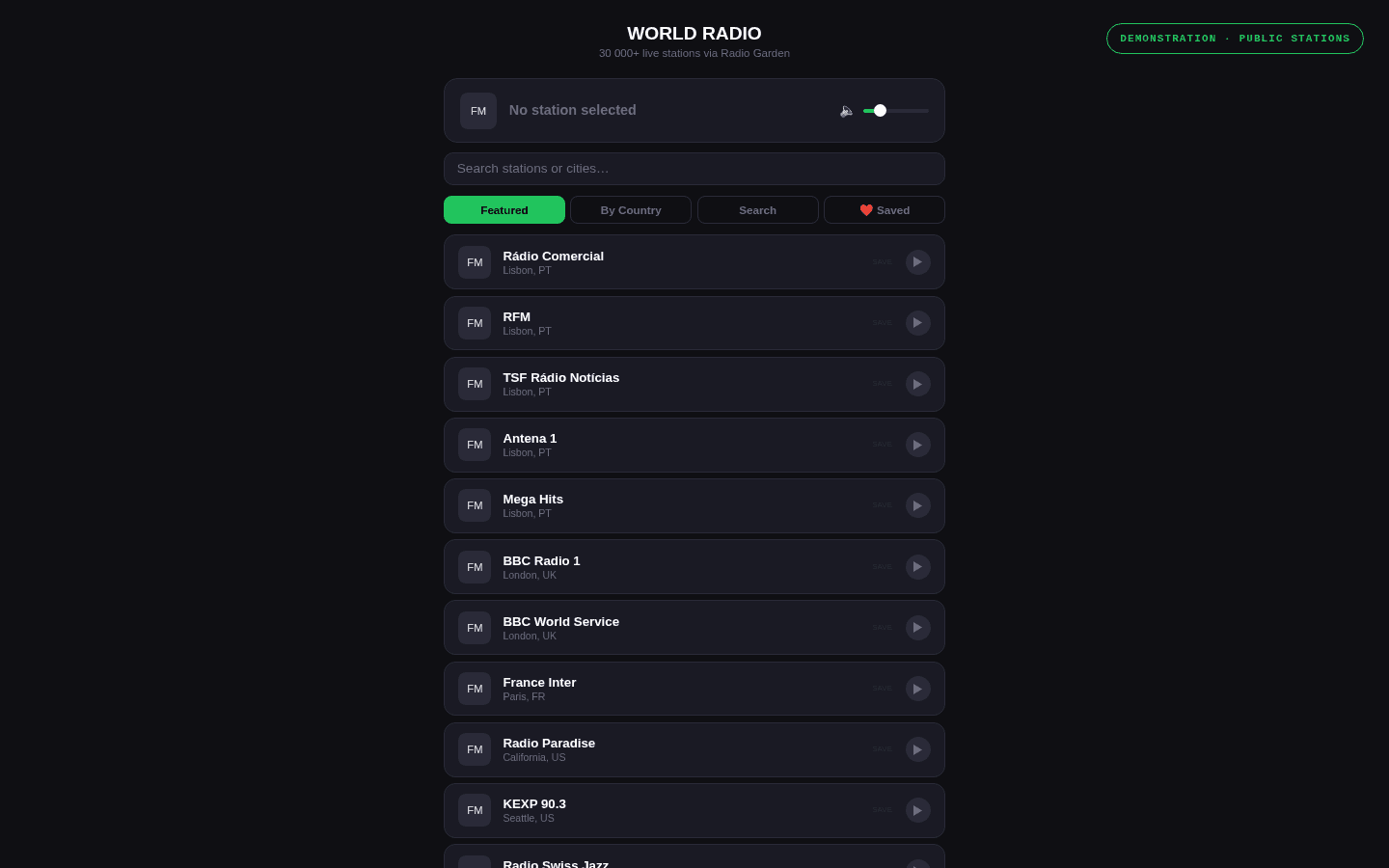 Leitor de rádio do mundo com estações públicas de demonstração